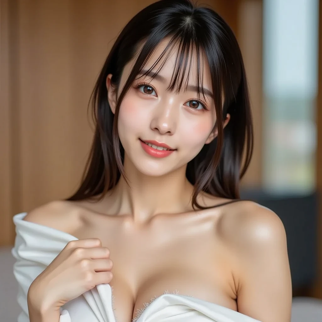 masutepiece, Best Quality, Illustration, Ultra-detailed, finely detail, hight resolution, 8K Wallpaper, Perfect dynamic composition, Beautiful detailed eyes, Ponytail, topless, nipples, sexy, natural color lip, Bold sexy poses,Smile、20 years girl、Cute、Sexy shot looking at camera, sitting on bed