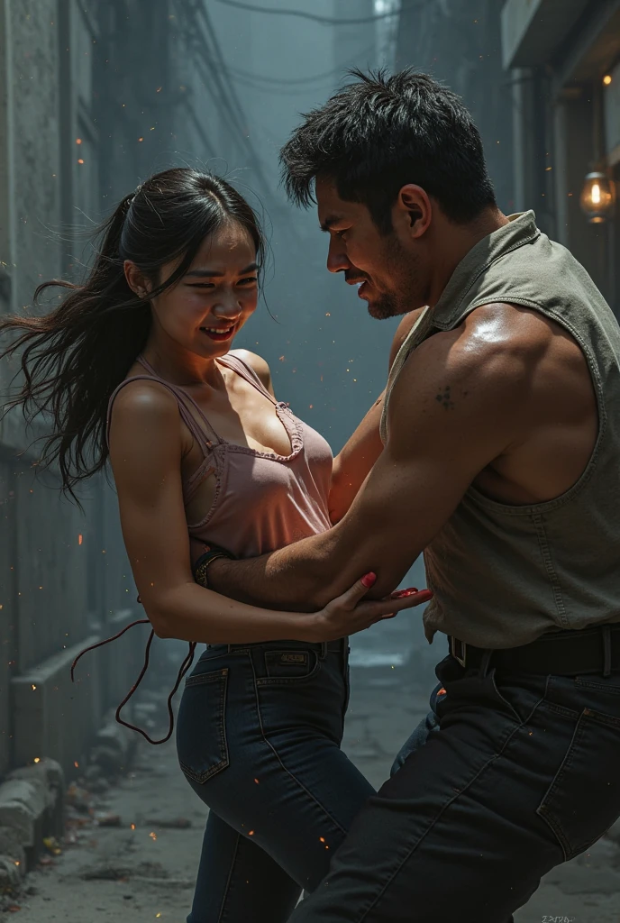 man and woman are fighting. A high school girl street fighter is fighting a man in an abandoned building. she is beated so hard by him. Her body is being punched hard by him.She is cornered against the wall. She is crying and screaming. She has bruises and blood all over her body and face. Muscular bodies. Six-pack abs. She has short-cut black hair, shortness of breath, drool from her mouth, one closed eye, exhaustion, and sweat soaked.