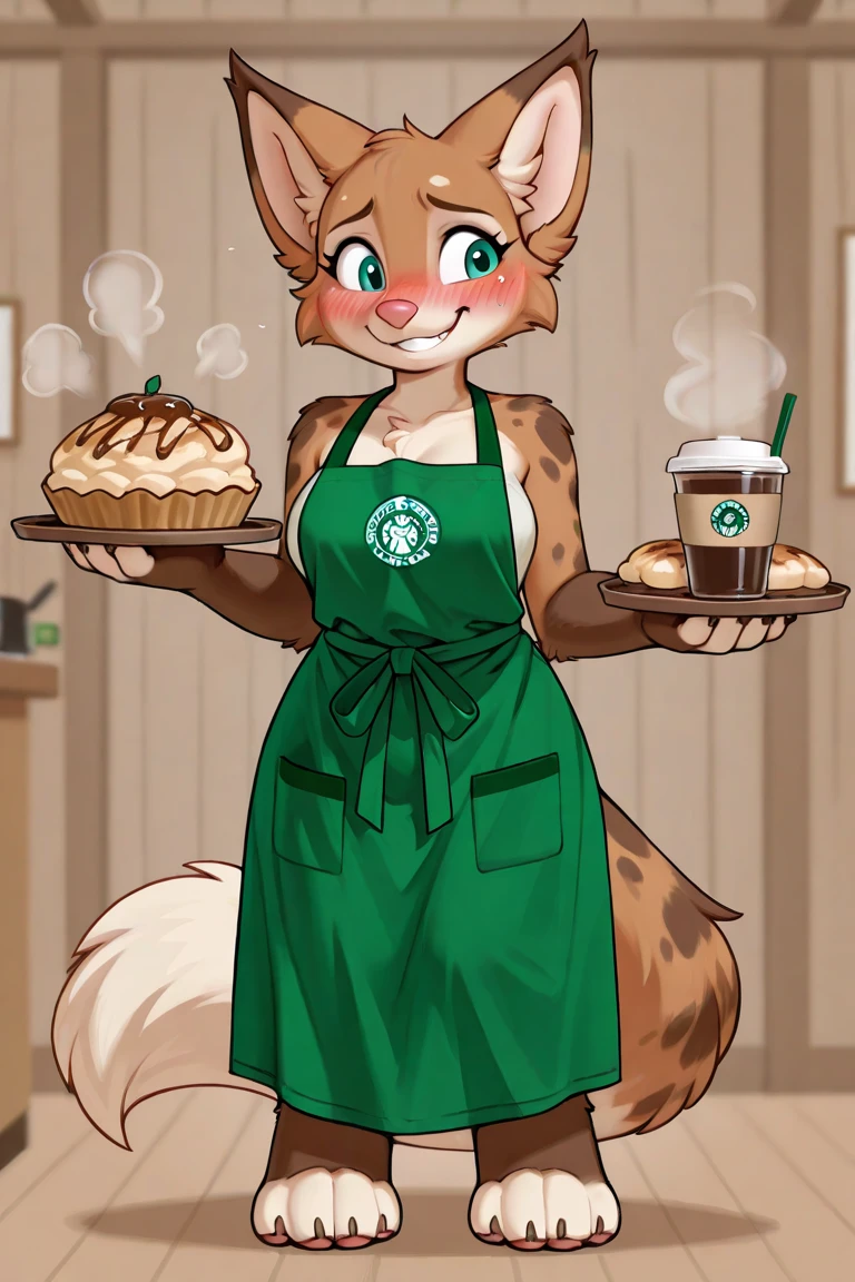 best quality, best resolution, solo, (fluffy anthro furry), golden retriever woman, 30 years old, brown hair, curly hair, (light yellow fur), medium breast, thick thighs, (wearing nothing but a green apron, nametag), coffee shop, blushing 