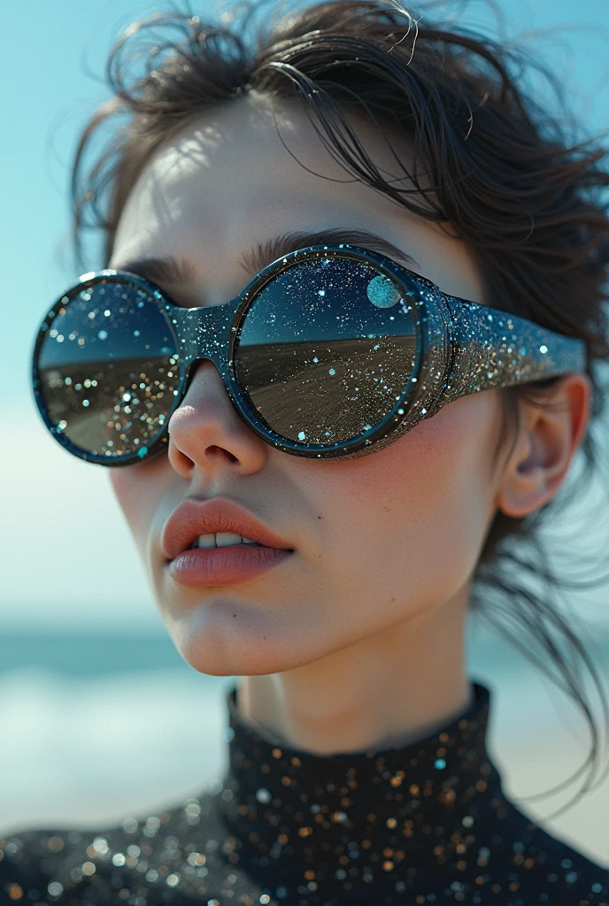 The model is wearing glass sunglasses with stars and the moon on the glass