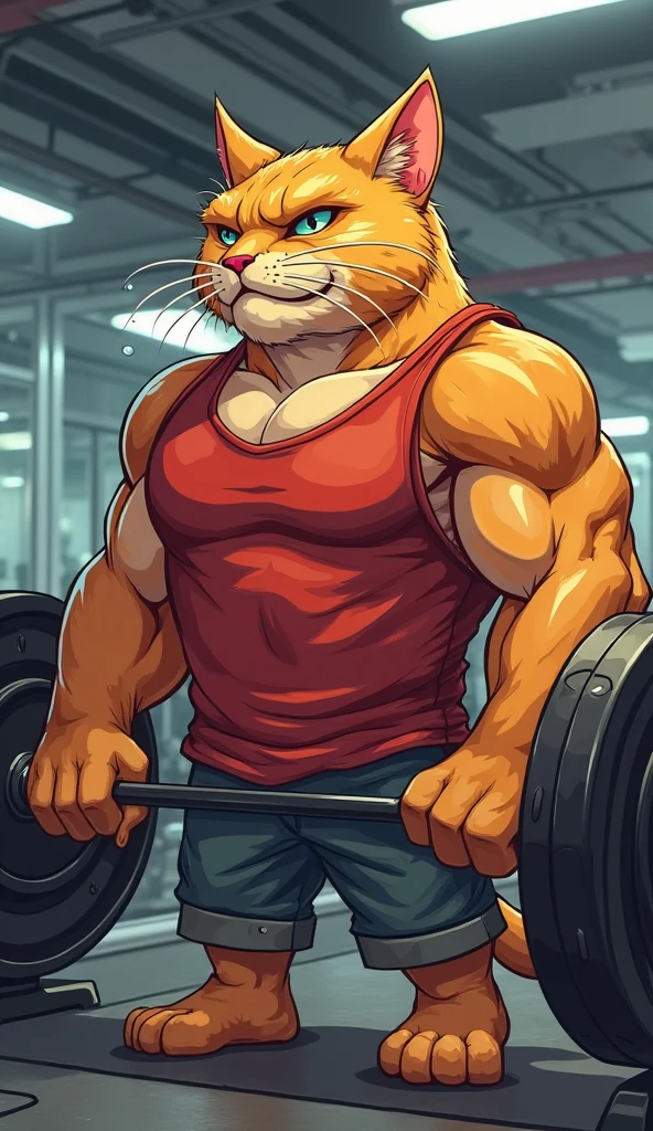 Bodybuilding capybara in an anime-style gym