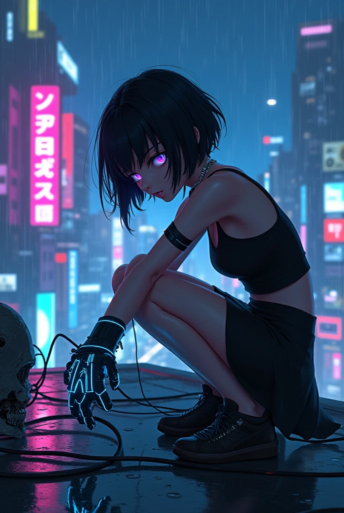 highest quality、masterpiece、cyber punk、City of night、Sitting on high ground、One Woman、it's raining