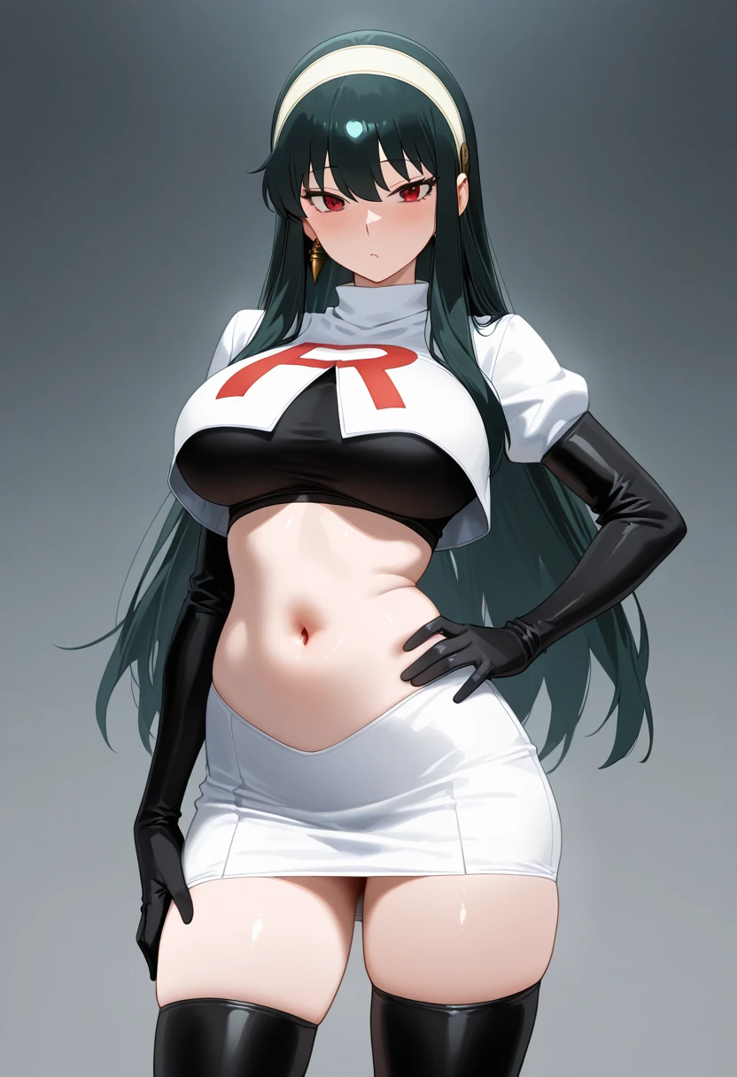 Masterpiece, stunning realistic, best quality, sharpness, 1 girl ,jessie pokemon, solo, team rocket, gloves, hair slicked back, long hair, jewelry, skirt, navel, thighhighs, earrings, elbow gloves, team rocket uniform, crop top, blue eyes, midriff, white background, belt, black gloves, very long hair, simple background, smile, black thighhighs, purple hair, looking at viewer, breasts, white skirt, miniskirt,large breasts,standing in a city,arms behind head ,shirt lift and pants pull concept,(shirt lift:1),bikini,nipple slip