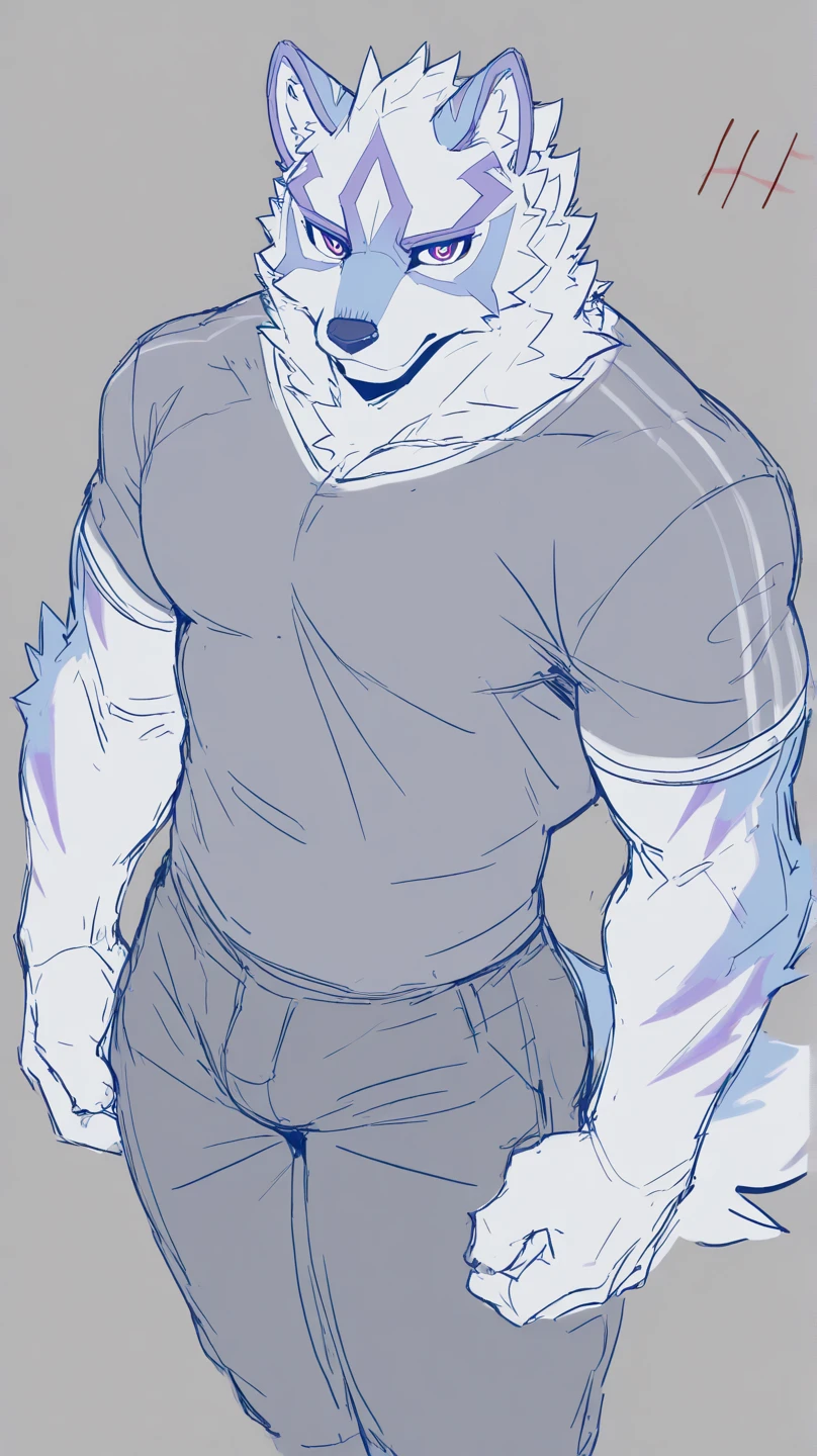 By bebebebebe, by lostgoose, by goonie-san, solo, ((snout, ears)), canine, ( Arctic Fox ), male, smirking, (muscle, muscular), Black Boxer pants