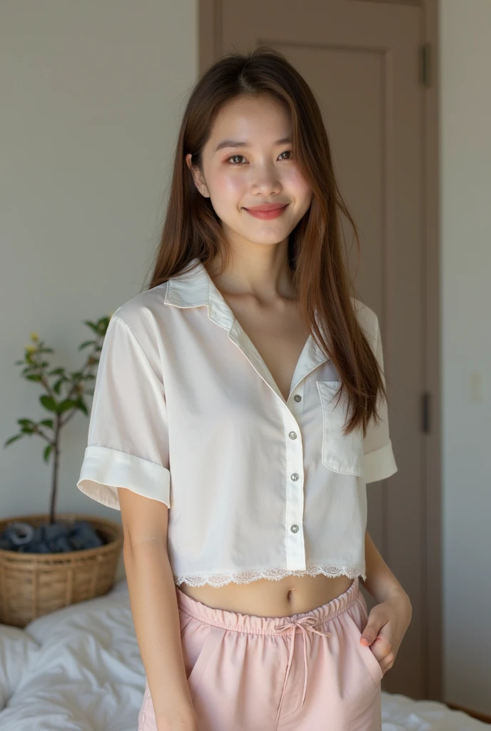 (masterpiece, Professional Lighting, 16K, 8k wallpaper, RAW Photos, Realistic:1.8, Super detailed, Natural soft lighting, Detailed skin, Detailed face, Fine grain, Texture Skin, Structure of the film, Detailed Background:1.2 ), Japanese High School Uniform:1.1, View your viewers, Embarrassed face, Laughter , smile, Embarrassing, Grin:0.7, Silky skin, No makeup, Glossy Lips, ((Attractive feminine body)), Pleated skirt, blouse, loafers)), Long Hair、beauty、((whole body))、(((Photo taken from below))), Slender body, cute, beauty, shirt unbuttoned and open, Nude, nipples visible, genitalia visible, not wearing bra, not wearing panties, lying on bed, viewer can see female genitalia and nipples, front, provocative smile on viewer's face, Full body figure, baby face, Bold Pose, Big breasts, Crotch open, Squatting cowgirl, Slender body, cute, Beauty