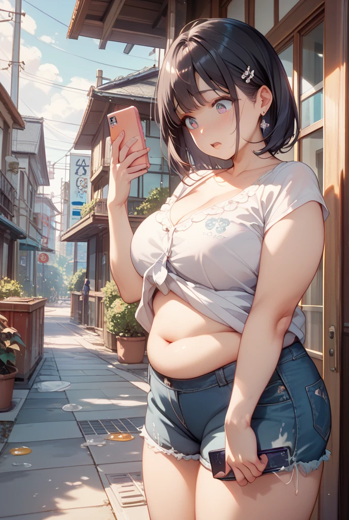 Big breasts, belly-baring white T-shirt, tight shirt　Short sleeve jacket　Underboob visible Long hair　Brown Hair　Twin tails　Denim shorts, plump belly, night, dark skin, comfortable face, red cheeks　　Black knee-high boots, nipples and areola visible through clothes, angle showing the whole body, bow-legged, fingering, liquid leaking from shorts, black hair tie, standing, waiting at station, smartphone held in left hand, bag on right shoulder, focused on smartphone, crowd of people, shiny belly