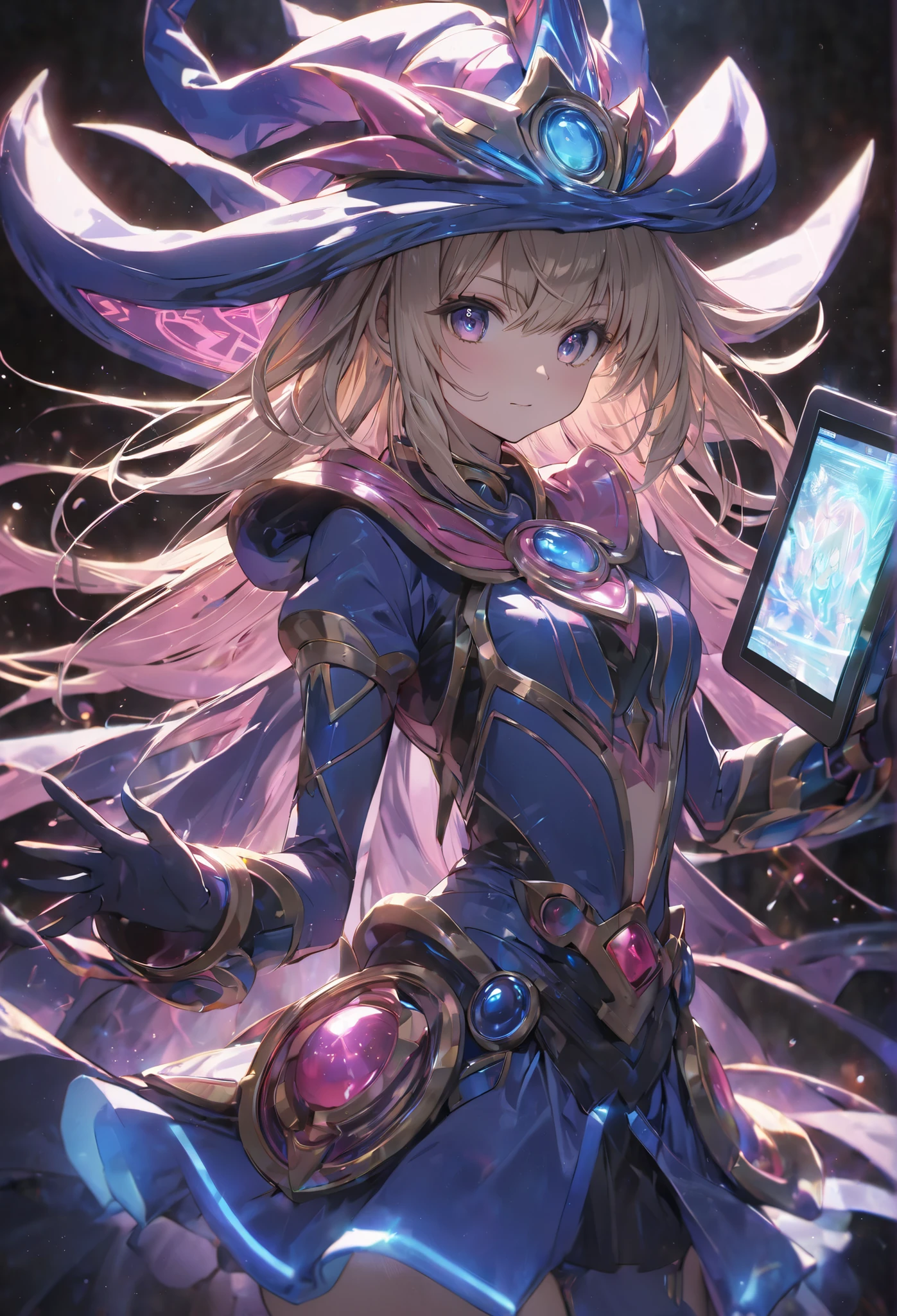 masterpiece, Highest quality,Dark Magician Girl,black magician girl,super detailed skin,dynamic lighting,caustics,gleaming skin, Tablet, Tabletから飛び出す,Cyberspace, Tabletから出る女の子