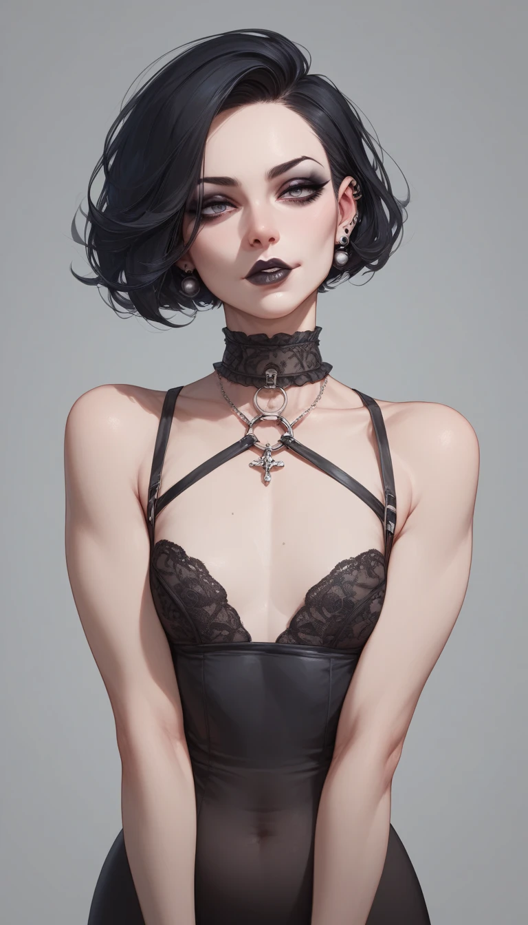 Black frilled skirt , goth femboy, fishnet stockings , black hair girl , black mirko bikini ,black skinnymini shorts , short hair , transparent , revealing , seductive , athelte , thigh thighs , freckles , Hoop earrings , black lips , goth makeup ,brown skin , leggings