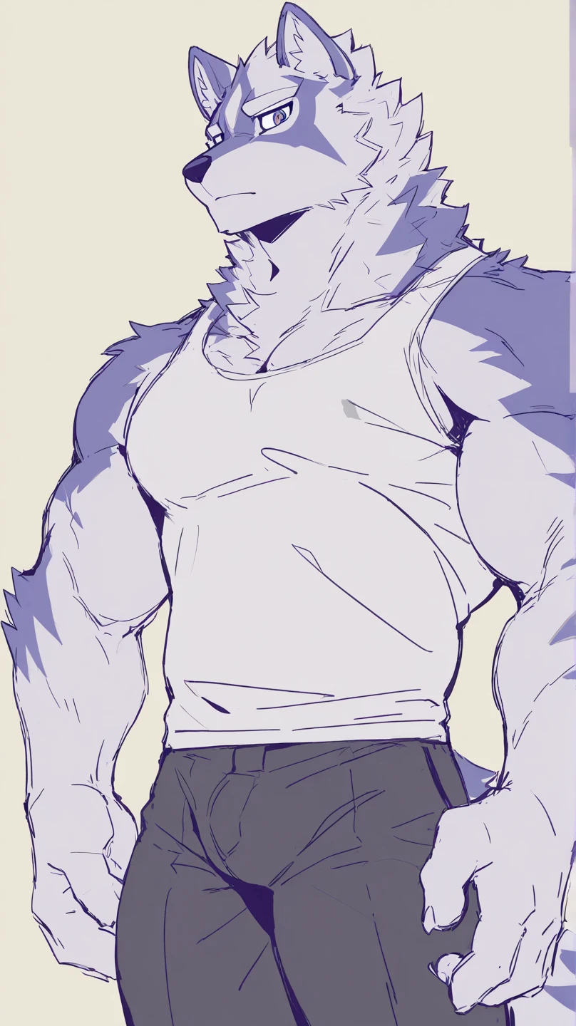 Alaskan Malamute Dog, muscular, furry, with face covered, black hooded sleeveless shirt, blue underwear