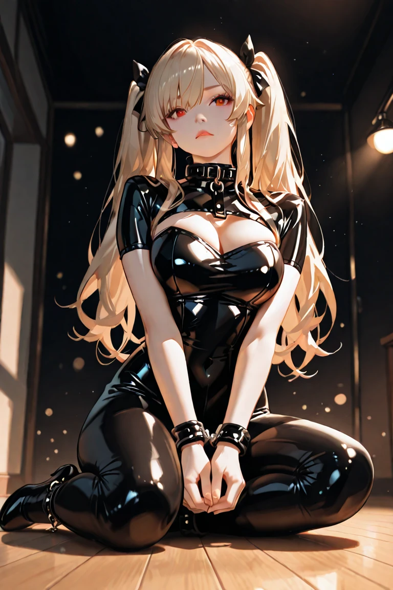 Shiny blond hair, very long hair, sophisticated haircut, (small twisted braids:1.1), thin and oval face, submissive, (gagged:1.3), cute and blushing 18 years old anime girl, bright blue eyes, detailed face, detailed members, detailed arms, detailed hands, Girl lying, tied by chains, shackled, can no longer move, tied tightly, (very hard tied up with lots of chains), (hampered by so many chains that she can no longer move:1.1), bound hands and feet, (chains tie his whole body:1.3), (tied extremely tightly and forcefully to her bed by a lot of chains:1.2), (its limbs are strongly tied together by chains:1.2), (his torso is tied up with thick cords:1.1), (her chest is so tied up with chains that it sticks out:1.3), (her legs are tied tightly with thick chains:1.1), (his hands are tied behind his back with chains), she can no longer move her feet, her hands which are tied by thick chains, she desperately tries to free herself, (likes to be tied tight with big chains:1.1), likes to be immobilized by big chains, (lying down:1.3), (his hands and feet are strongly tied to the railing of his bed:1.1), (his legs are pressed together and tied with chains:1.1), (its limbs are held vigorously by imposing chains:1.1), (her hands are tied securely behind her back by chains), (her chest is compressed by strong chains:1.1), (she is pressed against her bed and restrained by large chains:1.3), (shibari, arms behind the back:1.4), (hands on the back), (masterpiece, best quality) 1.5, 1girl, solo, (sexy, beautiful woman, perfect face, perfect eyes, perfect hands), (shibari, arms behind the back:1.4), (hands on the back), Spread the legs, s' (lie in bed by big chains:1.3), (a princess in armor trapped in a dungeon), (((armor suit:1.5))), (chained to the prison wall by chains:1.3), (his legs are chained by chains:1.3), (locked in a dark dungeon:1.5), (chains with links bind his whole body:1.3), (very detailed chains:1.3), ((((((chain:1.5))))))
