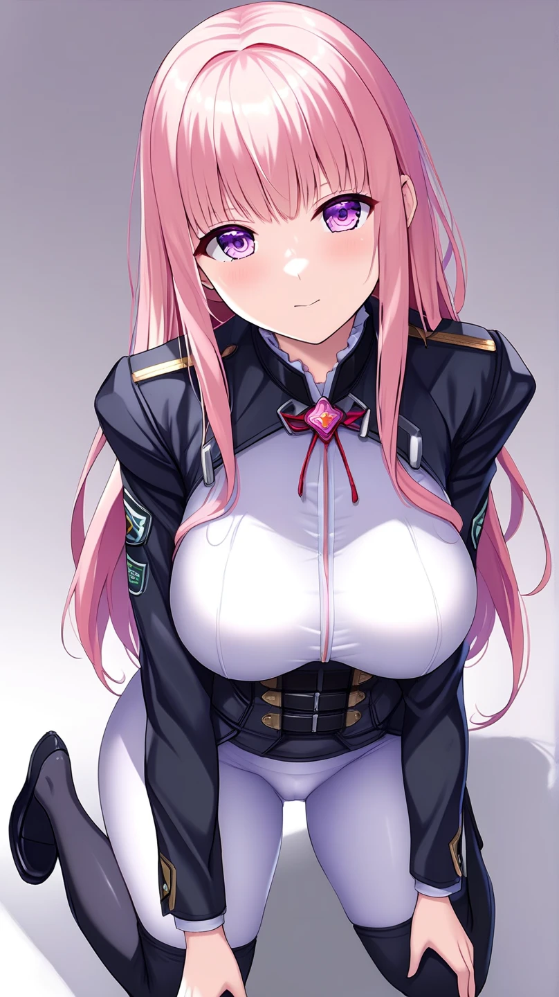 star piece,highest quality,(Super detailed),written boundary depth,perfect sentence, Detailed CG,Super detailed,(highly detailed eyes,very cute face,highly detailed face:1.3),beautiful anime girl,(solo girl:1.9),(super huge breasts:1.9),(pink hair,low twin tails:1.5),(light blue eyes:1.3),(glare:1.3),show viewer,break,(black military uniform,honorarium,black military cap:1.5),epaulettes,decorate the mood,white gloves,black pleated skirt,micro mini skirt,black garter stockings,battlefield,Desolate wilderness,cloudy sky,break,Are standing,(put one hand on your waist),cowboy shot,(Angle from the side:1.2)
