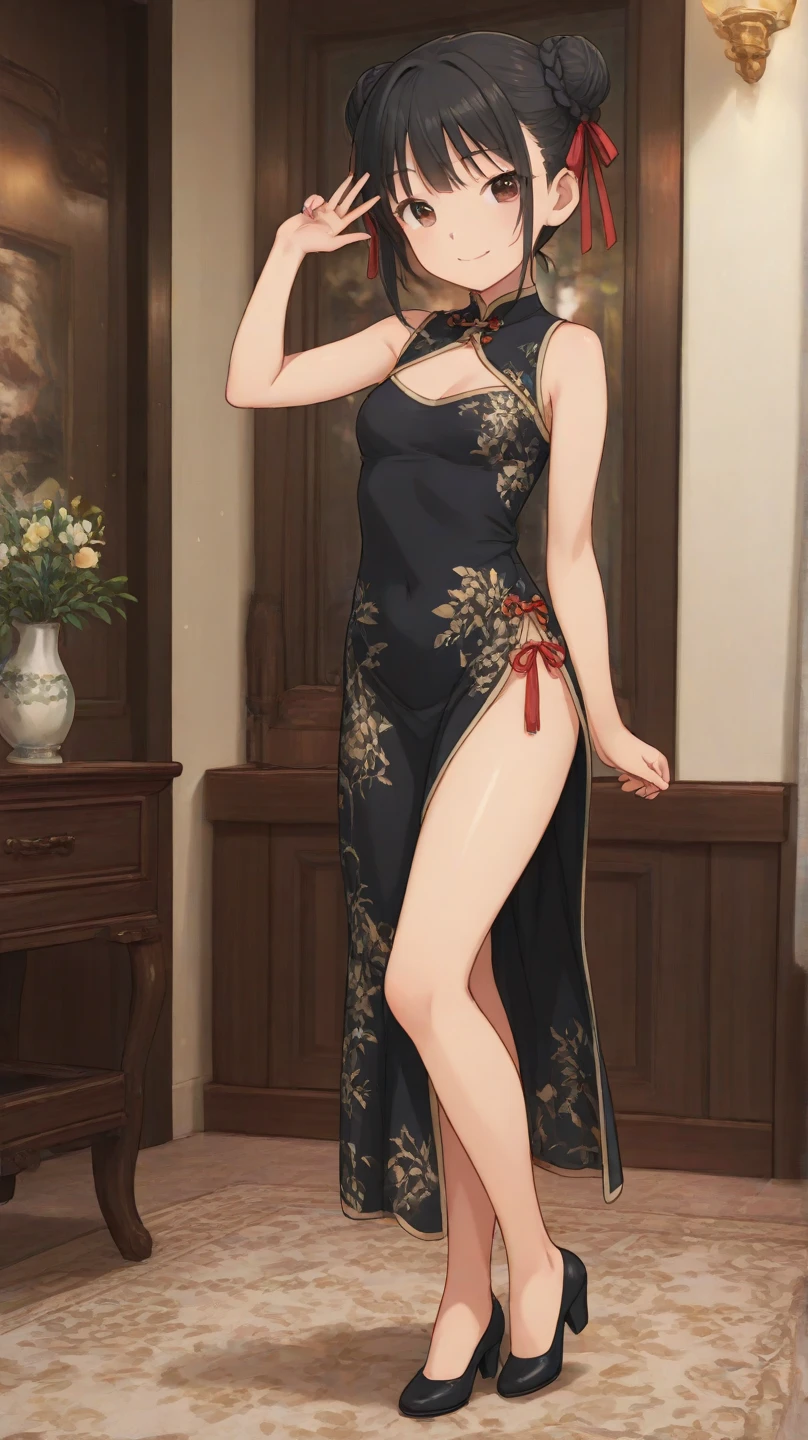 (masterpiece), (Highest quality), (8k),(Very detailed), (anime:1.1),  One girl, (misaka mikoto), Brown Hair, Medium Hair, hairpin, Medium chest, (long China dress), (high-heels), full body, Dutch Angle, View your viewers, indoor