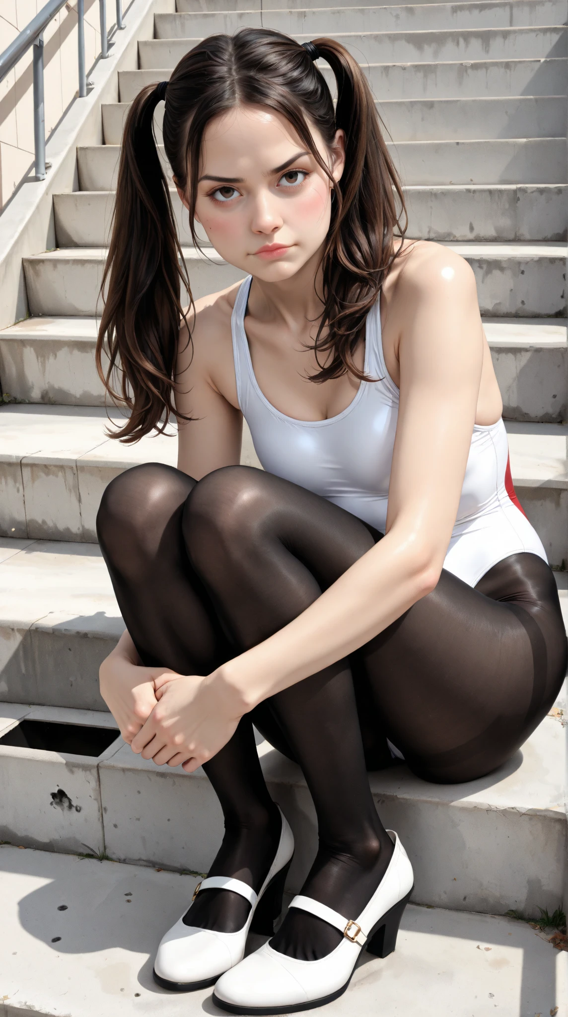 8K, masterpiece, RAW Photos, Highest quality, Realistic, High resolution CG Unity 8K wallpaper, Written boundary depth, Movie Light, Lens flare, Ray Tracing, 1 female (Very slim, thin, Beautiful body: 1.3), (so beautiful) face, Beautiful Lips), Beautiful Eyes) Full body portrait, 1 Girl, Spread your legs,Spread your legs,気持ちいface、White wall、 RealisticOL, Transparent swimsuit, 80 denier pantyhose, pumps , shiny medium hair, Looking at the audience, Highest quality, (arm) Folded)