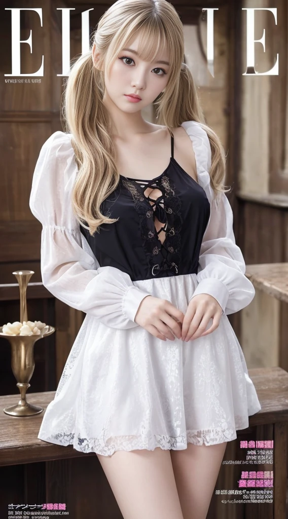 (((Blonde、forehead、White background、シンプルな無地のWhite background、Frills、race、Black clothes、belt)))、Highest quality, White skin, Real human skin, (Detailed face), Oval Face, pores, Ultra-high resolution, (8K, RAW Photos, Realistic:1.4), One girl, slim, (She looks straight at the viewer with a calm, goddess-like happiness.:1.2), (Lifter Gloss, eyelash, Shiny surface, Highest quality, Ultra-high resolution, Wide lighting, Natural Shading), Teacher Fashion, No sleeve, dress, Put your arms behind your back:1.3, Bokeh, Depth of written boundary, Cowboy Shot:1.3,