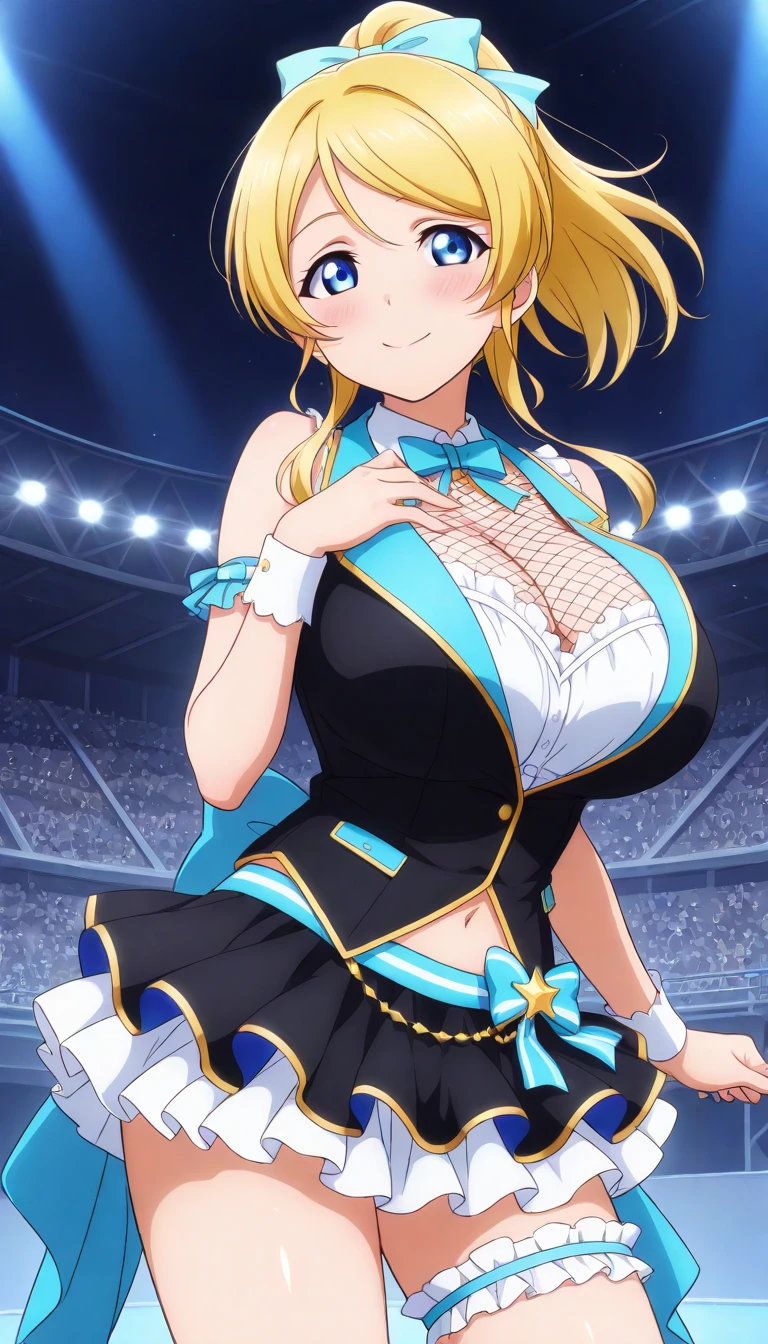 Anime illustration、highest quality、cyber punk、Sensual and voluptuous diva、Sing and dance、Selling aphrodisiacs、Night Show、White robes、illuminated by spotlight、Colorful glow sticks、Perfect Proportions、Live music on the stadium stage、Overwhelmingly large breasts、beautiful, Shining Eyes、Cowboy Shot、smile、Noise Reduction