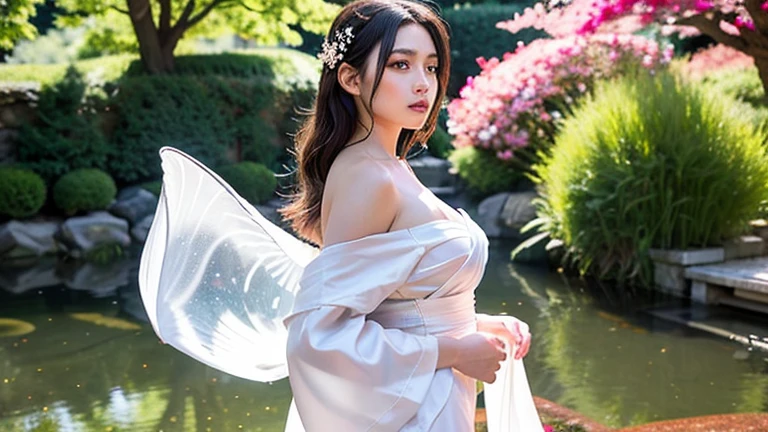 (best quality,4k,8k,highres,masterpiece:1.2),angelic,angel,queen of sky,divine beauty,heavenly creature,serene expression,luminous wings,ethereal presence,japanese goddess,graceful figure,shimmering halo,flowing gown,captivating eyes,delicate features,lovely smile,elegant posture,serene sky,sunlit clouds,celestial realm,sakura blossoms,floating cherry petals,soft pastel colors,gentle breeze,harmony and peace,tranquil atmosphere,sublime beauty,sun-kissed complexion,celestial light,captivating aura,alluring charm,transcendent grace,sacred energy,majestic presence,dreamlike scenery,surreal ambiance,serenity in motion,celestial divinity,mystical radiance,floating ethereally,graceful movements,magical essence,luminous serenity,harmony of heaven and earth,luminous serenity,ethereal wonder,celestial tranquility,sublime perfection