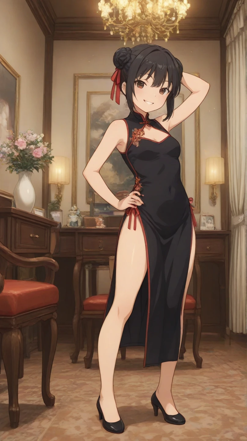 (Best Quality, Masterpiece),y, erogirl, 18 years old, Contempt, pride, long hair, ((red eyes)), looking at viewer, looking at viewer, warm light, ((( panties))ll breasts), big bukirt)), (thickghs), ((grabbing own ass)), smile, ((ass)), backlack dress, darkir