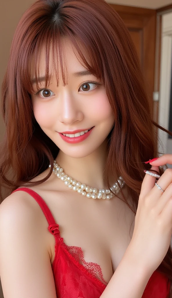 Highest quality、masterpiece、detailed、High resolution、8K、Photorealistic、Sharp focus、High-level image quality、Professional Lighting、非常にdetailedな、Depth of written boundary、(Big Breasts)、K-Cup Bust、Large areola、Erect nipples、,、Huge Ass、Thick thighs、Loose body、Voluptuous body、Thick upper arms)、((Beige lace bra))、((Cleavage))、(((Push your breasts together with your arms)))、