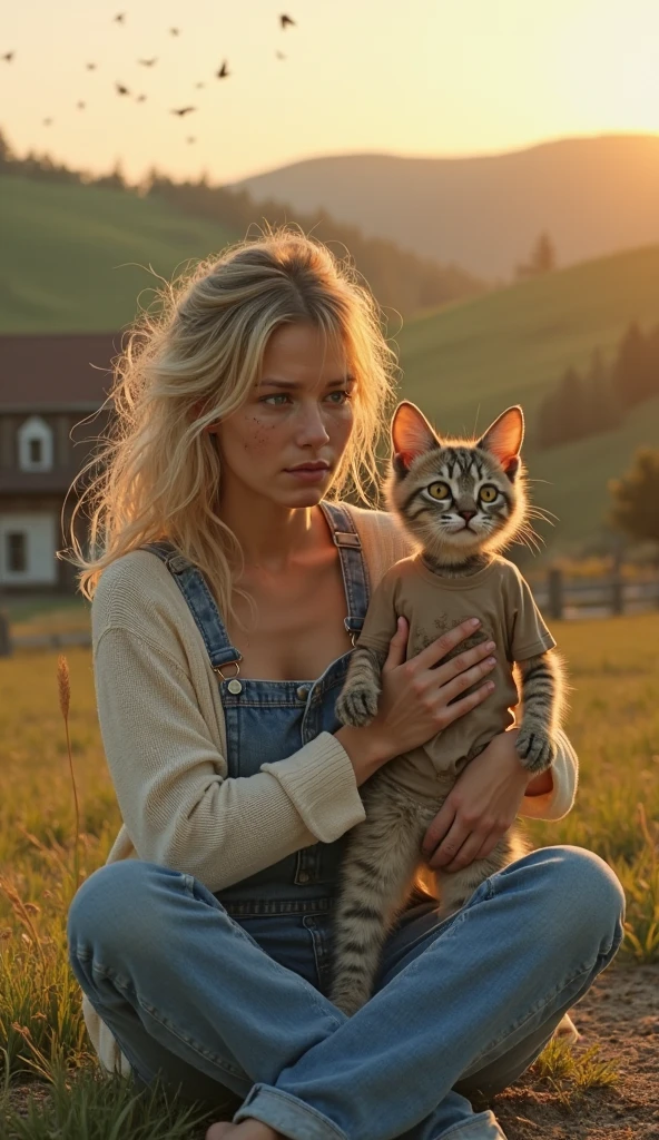 (RAW photo, best quality), (realistic, photo-realistic:1.3), extremely delicate and beautiful,A girl,holding a Maine cat,Blonde hair,extremely detailed face, realistic skin textures, blurred forest background, natural light, sunlight,Tyndall light,realistic,ultra high res, best shadow, 8k,well light,hdr,