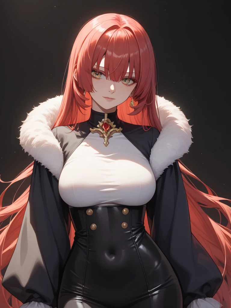 A short girl with red hair and ears like a fox, white skin and freckles with large breasts is dressed in a black comfortable closed robe in a large cozy room