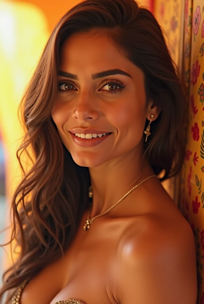 Mature woman with long, messy brown hair, standing in front of a vibrant Carnaval background in Brazil, wearing a yellow bikini, radiantly smiling with full lips accentuated by red lipstick, extremely detailed, 40 years old, mature beauty, High resolution, Masterpiece, Best quality, intricate details, highly detailed, sharp focus, detailed skin, realistic skin texture, texture, highly expressive eyes, professionally captured, 4K, photorealistic, photorealism, photography, 8K UHD.