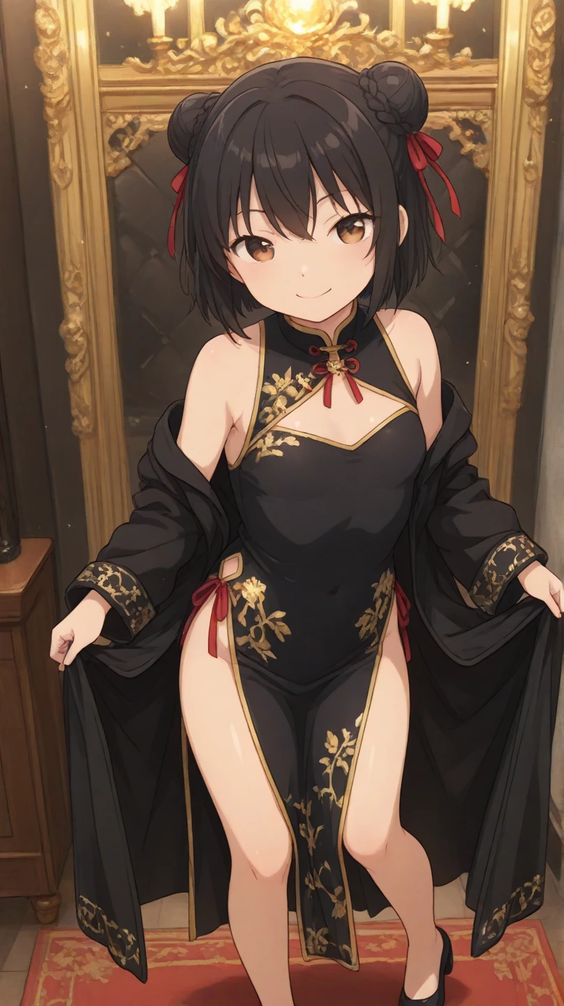 masterpiece、Highest quality、Very detailed))、One girl、Black Hair、Black Hair、double bun、blunt bangs、Grey Eyes、evil smile、((Grin))、((lots of piercings))、((Small breasts))、((chinese clothes))、((No sleeve))、((side slit))、kneeling、On the bed、Bedroom Background