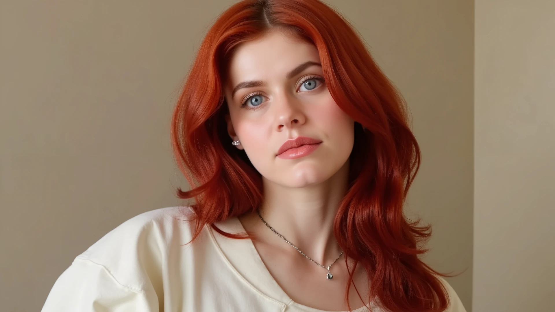 realistic woman fair skin,soft facial features ,no chin dimple ,deep blue eyes , natural lips ,rosy cheeks ,small lip piercing ,delicate earrings ,headphones around her neck ,delicate necklace that have the letter "D",red head with long flowing hair with a white streak hair and bangs ,her cloths are cream white
