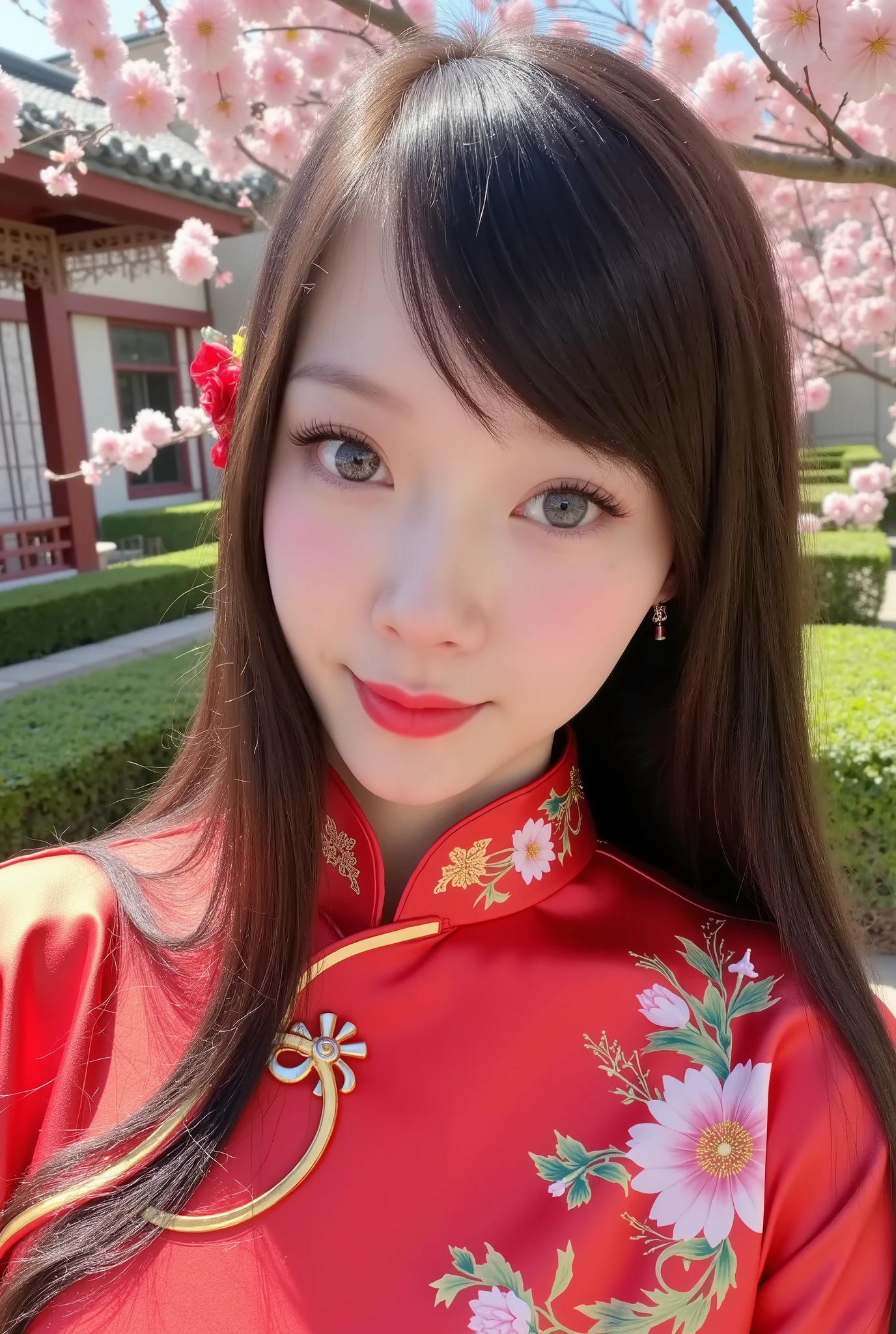 a beautiful young woman, 1 Girl, detailed face, Beautiful Eyes, Long Lashes, delicate lips , Elegant expression , Long brown hair, Wearing red cheongsam, beautiful skin, in a traditional Chinese garden environment full of cherry blossom trees, Natural Light, photorealistic, highly detailed, 8,000, (best quality:1.2), (realistic:1.37), movie lights, intricate details, bright colors, delicate brushstrokes, oil painting style