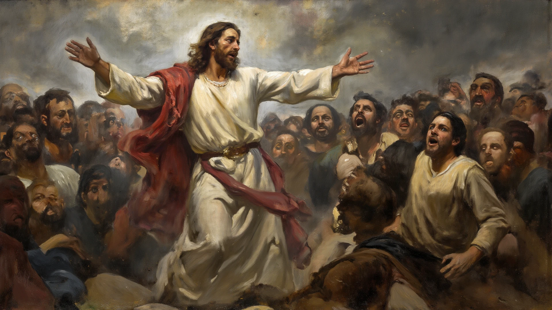 a painting of jesus is surrounded by many people in a field, epic biblical representation, jesus christ fighting lucifer, Direction: Gustav Dore, biblical painting, inspired Direction: Gustav Dore, por Joseph Binder, inspired Direction: Carl Heinrich Bloch, Direction: Carl Heinrich Bloch, death is swallowed up in victory, bible illustration, em Joop Sanders, a batalha final no inferno, Direction: Gustave Dore