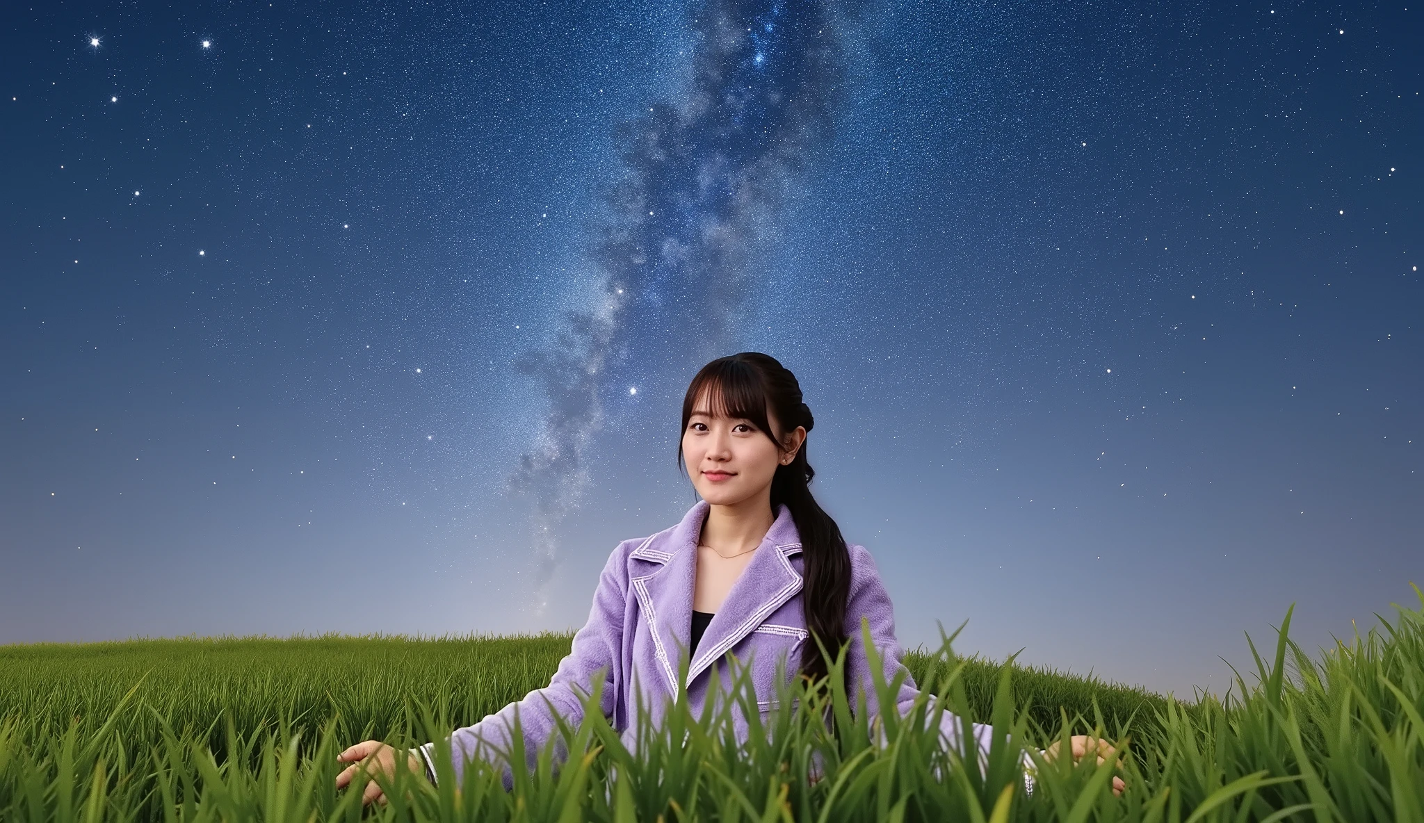 A cute Japanese woman sitting on a grassy field under a beautiful starry sky, wearing fluffy Night purple off shoulder. She is sitting with her knees bent, looking relaxed and peaceful. The atmosphere is serene, with soft glowing stars in the sky and a gentle breeze in the air. The pajamas are soft and light, adding a cozy and dreamy feel to the scene. The background includes the vast expanse of the night sky filled with stars, and the grass beneath her is lush and green, swaying slightly in the breeze.