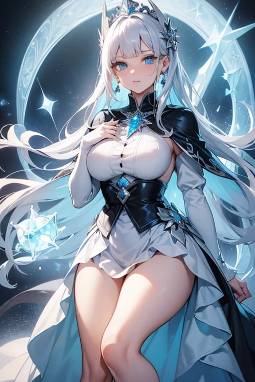 High quality,masterpiece,(A beautiful woman is surrounded by a ice ring:2.1),(translucent white gauze dress:2.2),ponytail,fantasy,(lightblue:1.4),(blueviolet:1.7),(ice:1.4),(detailed ice:1.9),beautiful detailed water,(sword:1.8),huge filesize,(snowing:1.4),ice,white_marble_glowing_skin,(blue eyes:1.3),unsheathing,(shaded_face:1.1),(light:1.6),(white hair:1.8),(contempt:1.4),(high_heel_boots:1.2),(single_elbow_glove:1.3),(ribbon:1.4),arm_garter,