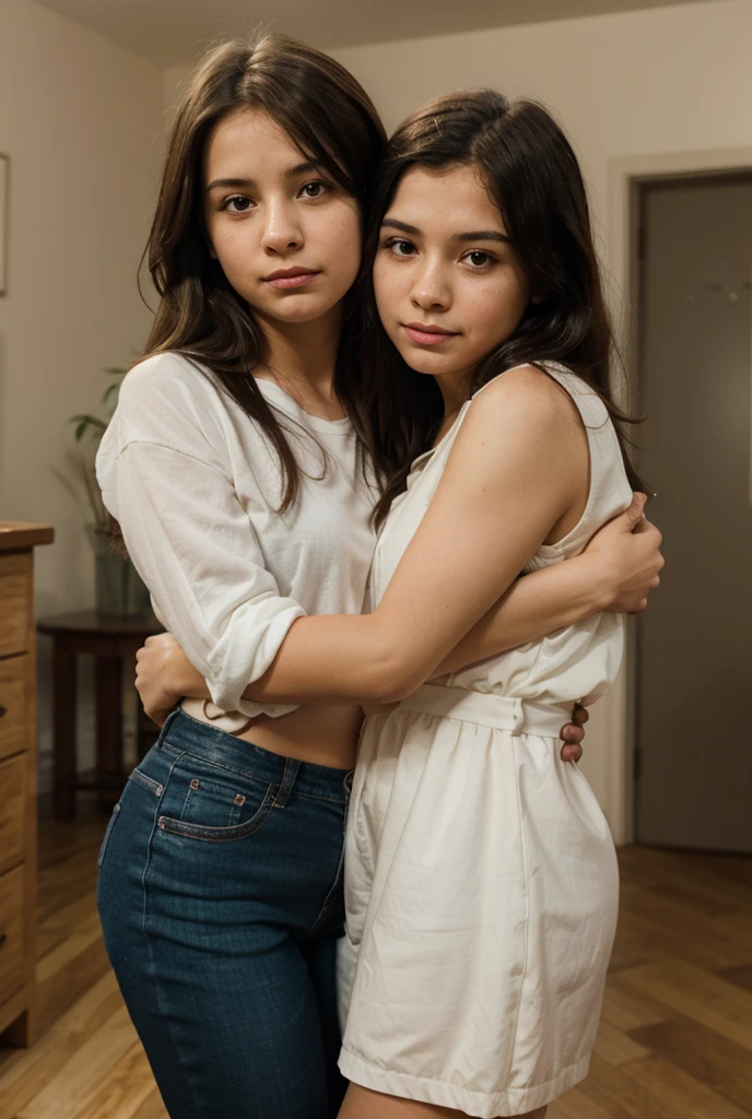 Niña small delgada, next to her teacher who hugs her, small, tender, innocent