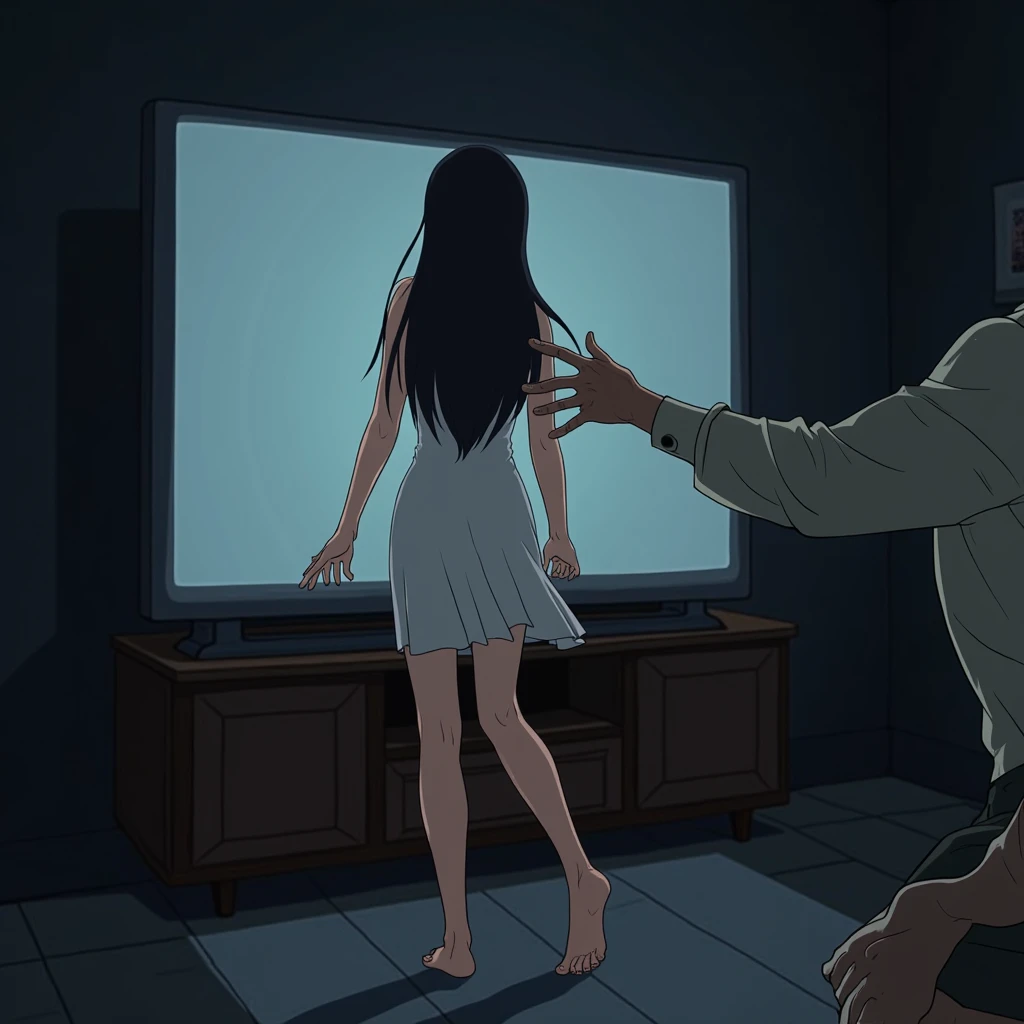 ((Maximum quality, 8 mil, work of art:1.3)) Sadako, long straight black hair,pale and white skin, White snow, bloody white dress,long sleeves,
crawling, Dark spaces, Poor lighting, Television, fearow \(subject\),
(incredibily detailed,work of art, best qualityer),standing alone,