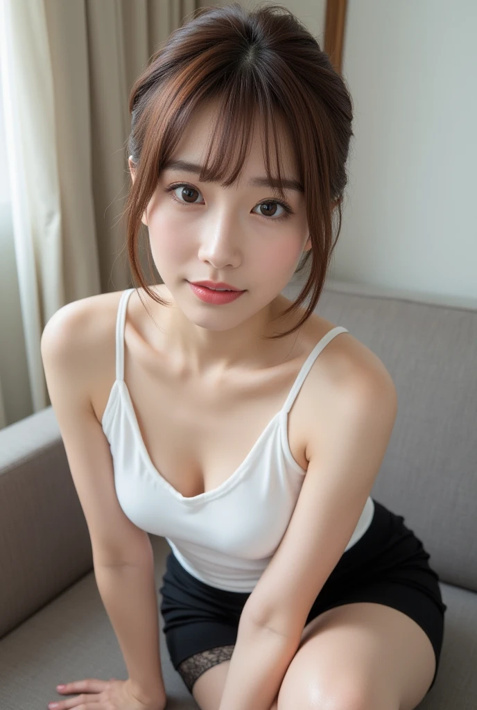 ((of the highest quality, 8K, masutepiece: 1.3, Raw photo)), Sharp Focus: 1.2, (1 AESPA Girl :1.1), Solo, (Realistic, Photorealistic: 1.37), (Face Focus: 1.1), Cute face, hyperdetailed face, (short messy hair: 1.2), Small breasts, flat chest, office room, (cotton camisole: 1.1), thigh, standing, sunlight
