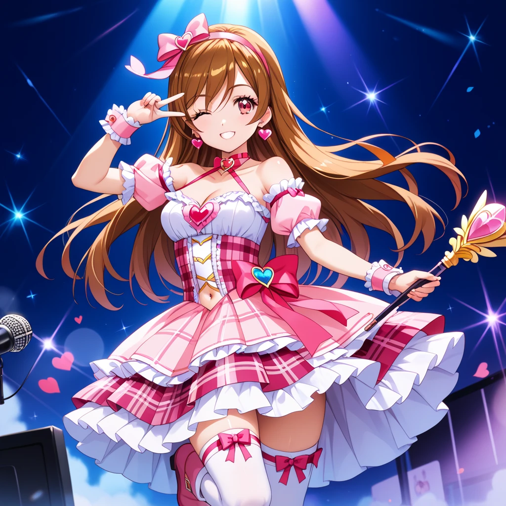 score_9, score_8_up, score_7_up, source_anime,
<lora:MinaseIori_pony_v1:0.8>
pinup of 1girl, solo, concert, stage, standing, singing, microphone, stage lights, multicolored lighting,
smile, looking at viewer, (sweat:0.8),
mnsior, petite, longhair, brown hair, forehead,  brown eyes, hairband, small breasts, 
idol costume, pink dress, satin, lace trim, detached sleeves, bare shoulders, boots, thigh strap,