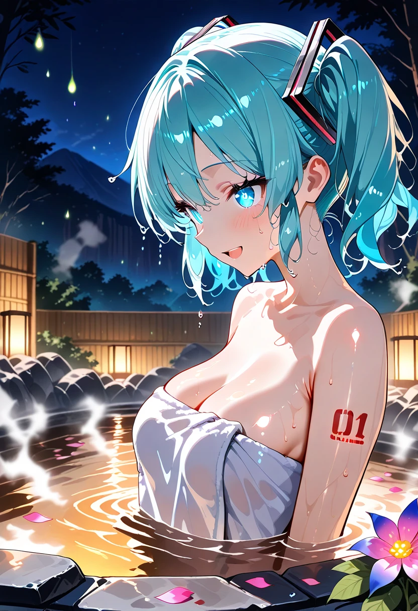 1girl, 53 years old, milf, teal and green hair, messy hair, asymmetrical hair, ahoge, very short hair, aqua eyes, medium breasts, pale skin, glasses, onsen, wet, night, naked towel