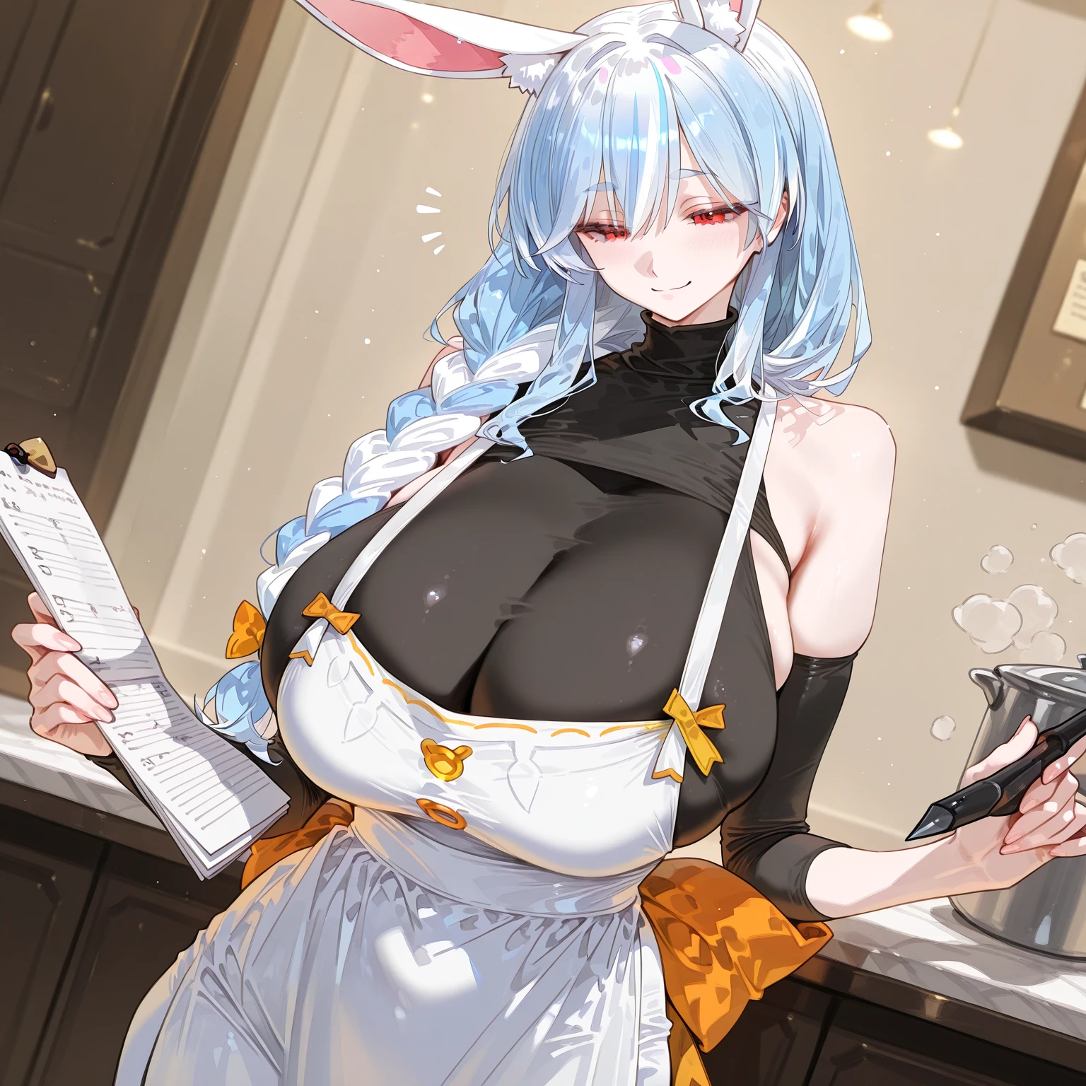 1girl, kaguya, sexy body, mature woman, small-medium breasts, cute face, sexy face, perfect face, lusty, obedient, nsfw,face expessions, wide smile, long hair, third eye,horns,white short eyebrows, ultra detailed face, ultra detailed body, face muscles, perfect eyes, rendered eyes, symmetrical eyes,white eyes, puffy glossy anatomical lips, standing in the cafe, coffe bar shelves background, lewd,  (iced_latte_with_breast_milk:1.2),selling coffee, looking at viewer,uhd, high resolution, high definition,masterpiece, best quality, highres, ultra-detailed,photorealistic, <lora:Iced_Latte_With_Breast_Milk_v2:0.1.2><lora:kaguya[V1.6]:0.8>