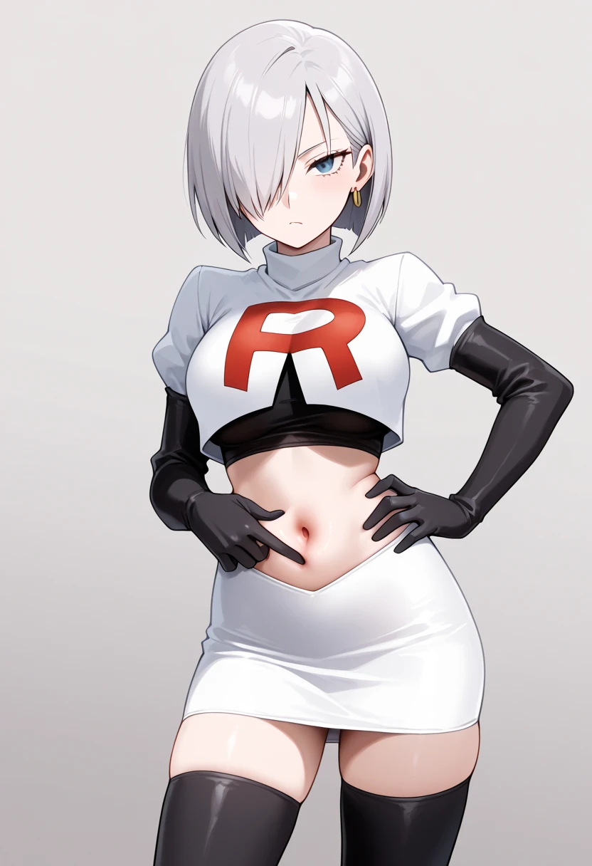 winterschnee, winter schnee, blue eyes, white hair, hair bun, single hair bun,
BREAK team rocket,team rocket uniform, red letter R, white skirt,white crop top,black thigh-highs,black elbow gloves
BREAK looking at viewer, (cowboy shot:1.5),
BREAK (masterpiece:1.2), best quality, high resolution, unity 8k wallpaper, (illustration:0.8), (beautiful detailed eyes:1.6), extremely detailed face, perfect lighting, extremely detailed CG, (perfect hands, perfect anatomy),