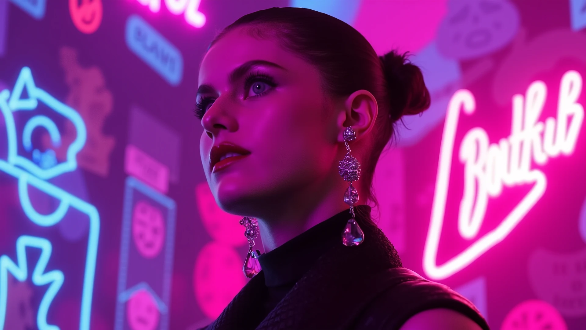 The image features a hyper-stylized portrait of a young adult Slavic femme AI influencer, exuding confidence as she poses on an underground club catwalk. The scene is drenched in cyberpunk street glam, with chrome bloom graffiti enveloping her, creating a vibrant backdrop that enhances her striking presence. Rendered in glitchwave elegance, the composition showcases ultra-detailed textures and high-glow contrast, drawing attention to her hypnotic stare and fashion-forward ensemble. The lighting is bold and dynamic, casting dramatic shadows that accentuate her features and the intricate details of her attire. This 8k visual captures the essence of a mythical-master prompt, making it ideal for NFT and editorial drops, with a perfect blend of futuristic aesthetics and urban culture.