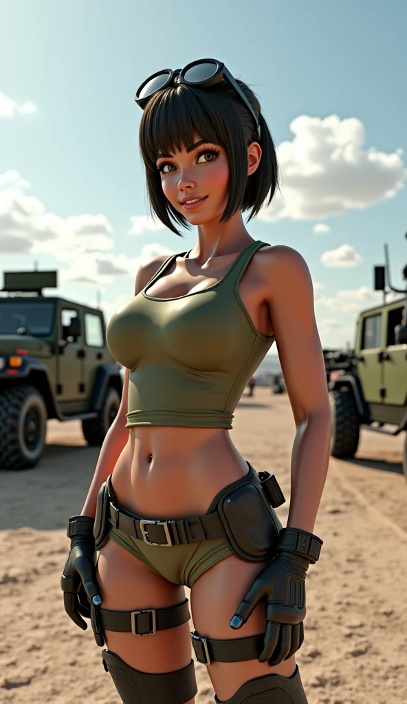 a realistic photo, hdr definition, uhd photo realistic, 12k, the heroine Lara Croft, super sexy, she is wearing her brown shorts and a tight khaki croc top, her chest 95C cup, her skin is slightly dirty because of the mud, slight visible injuries, she poses in front of a blue honda civic type R car, on the car's license plate the inscription "croft1", she takes a selfie in front of this car, she is smiling, surprising details, this photo is a true masterpiece