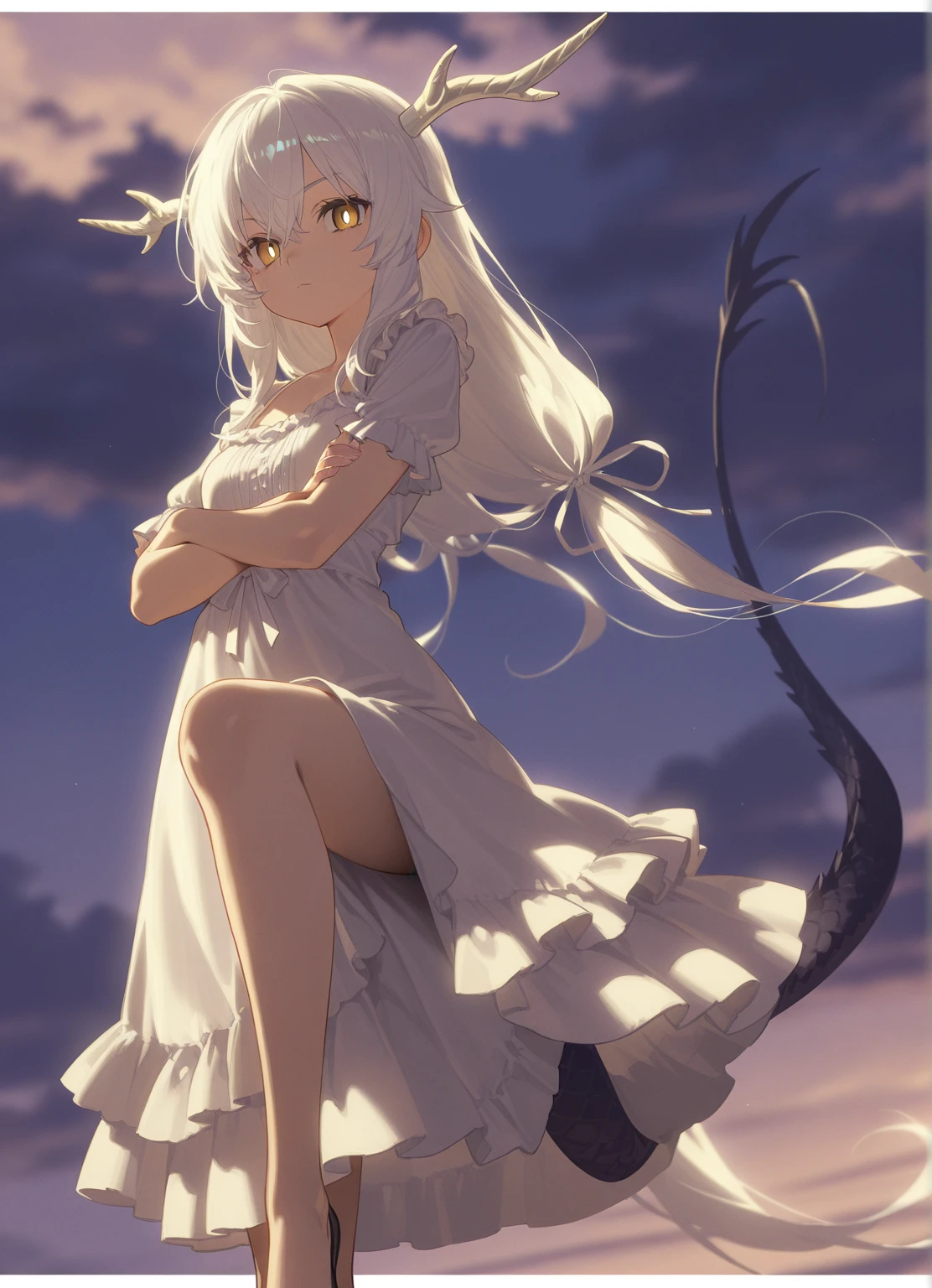 (score_9, score_8_up, score_7_up), source anime, 1girl, white hair, long hair, small breasts, yellow eyes, dragon girl, golden horns, 4 horns, golden scales, scaled arms, claws, scales on cheeks, monster girl, golden tail, white chemise dress, frilled dress, below view, small smile, split pupils, hand on hip