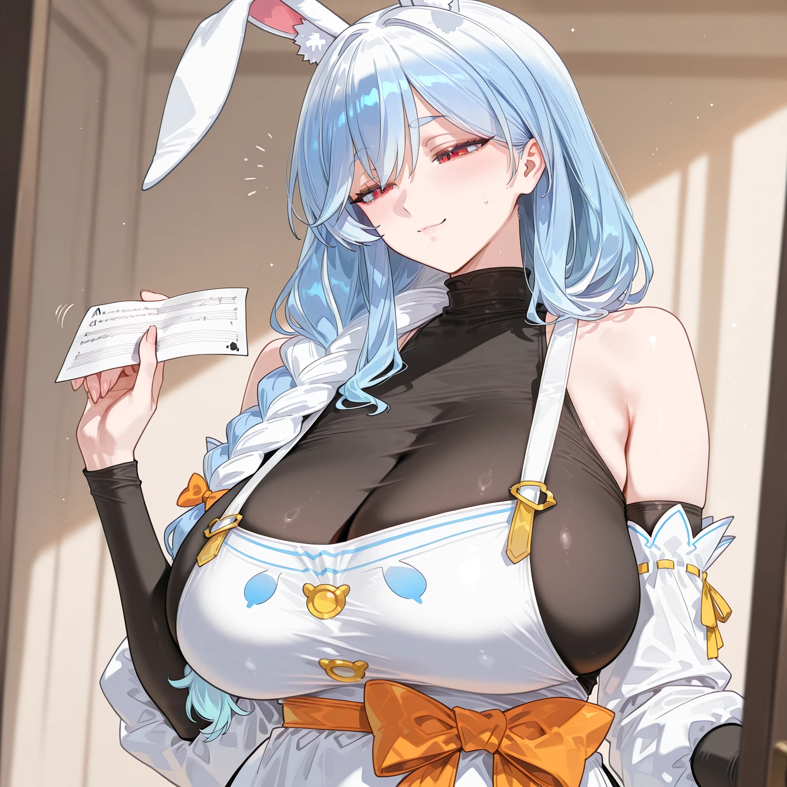 masterpiece, best quality,
tar 21, 1girl,playboy bunny, solo, rabbit ears, long hair, blue hair, gloves, black bowtie,21, large breasts, fake animal ears,wrist cuffs, cleavage, looking at viewer, smile, detached collar, white leotard,strapless leotard, black pantyhose, bare shoulders, covered navel, bangs, yellow eyes,v ,peace sign<lora:tar_21:0.7>