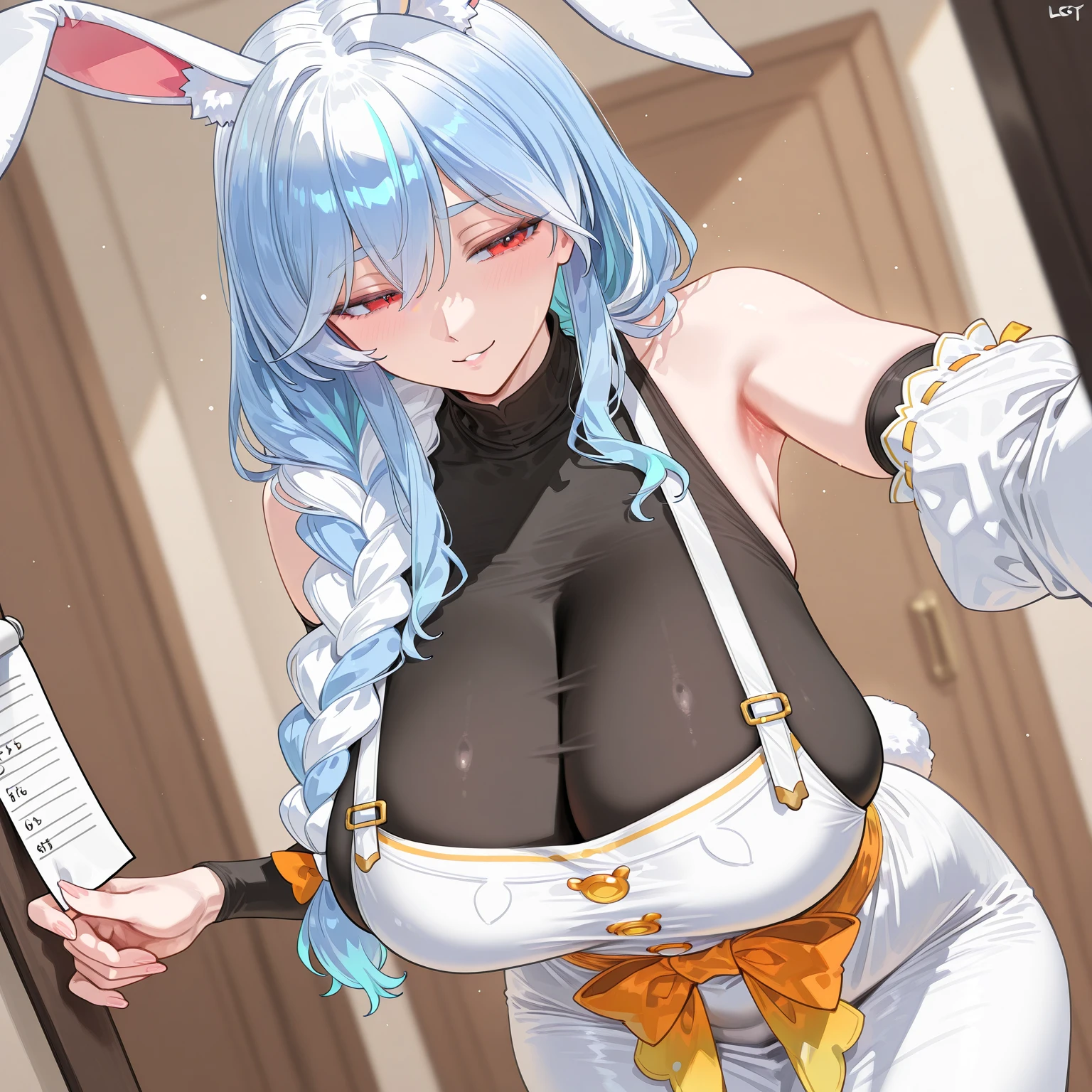 bunny girl, solo, white fantasy Healer's armor, grey eyes, long white hair, bushy ponytail, bushy bangs, full body, standing, full body shot, looking at viewer, shy smile, skindetantion, skindentation on breasts, seductive, huge hips, huge breasts, huge thighs, huge ass, white bunny ears with black tips, (gigantic breasts:1.5), (huge breasts:1.5), (huge thighs: 1.5)