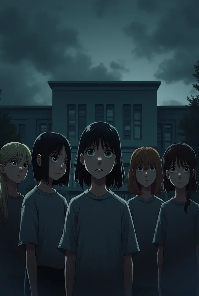An image of students with sad faces infornt of a school the image is dark and children are of class 4 to 5