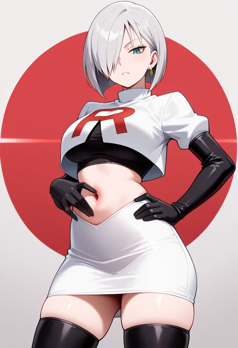 (masterpiece, best quality:1.2),illustration,8k,hd,1girl,solo,hair over one eye,short hair,ahoge,grey eyes,grey hair,alternate hair length,alternate hairstyle,large breasts,team rocket,team rocket uniform,white skirt,red letter R,crop top,black thigh-highs,black elbow gloves