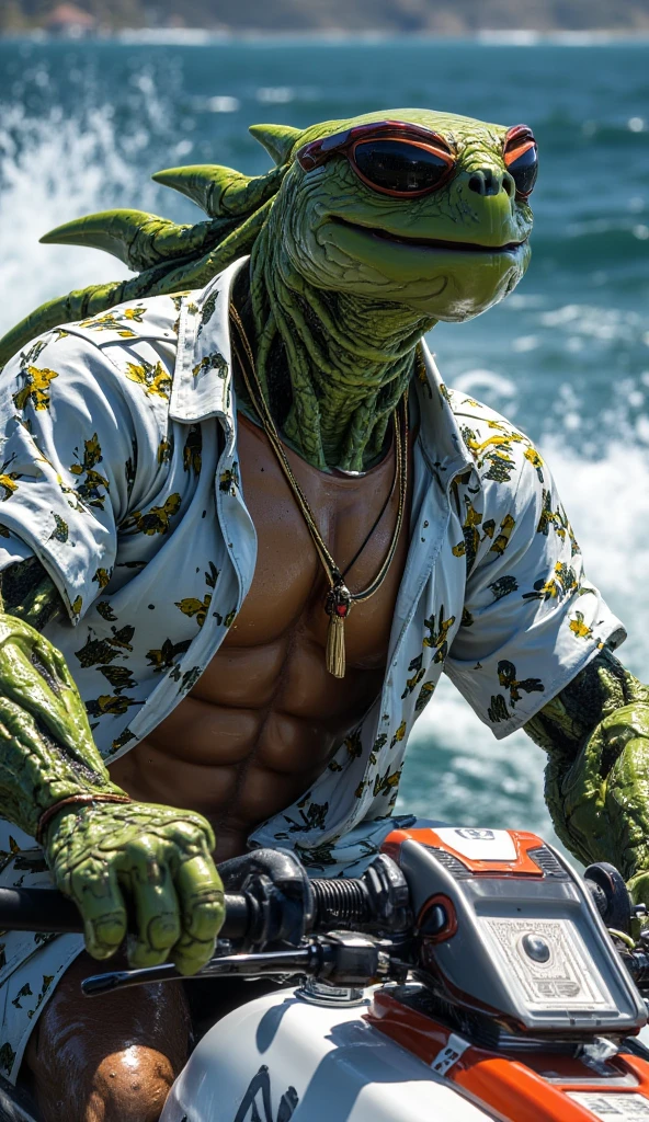 A light tanned muscular blonde man, wearing white jockstrap, holding a green snake on his shoulders, nature night background, bright lights, realistic