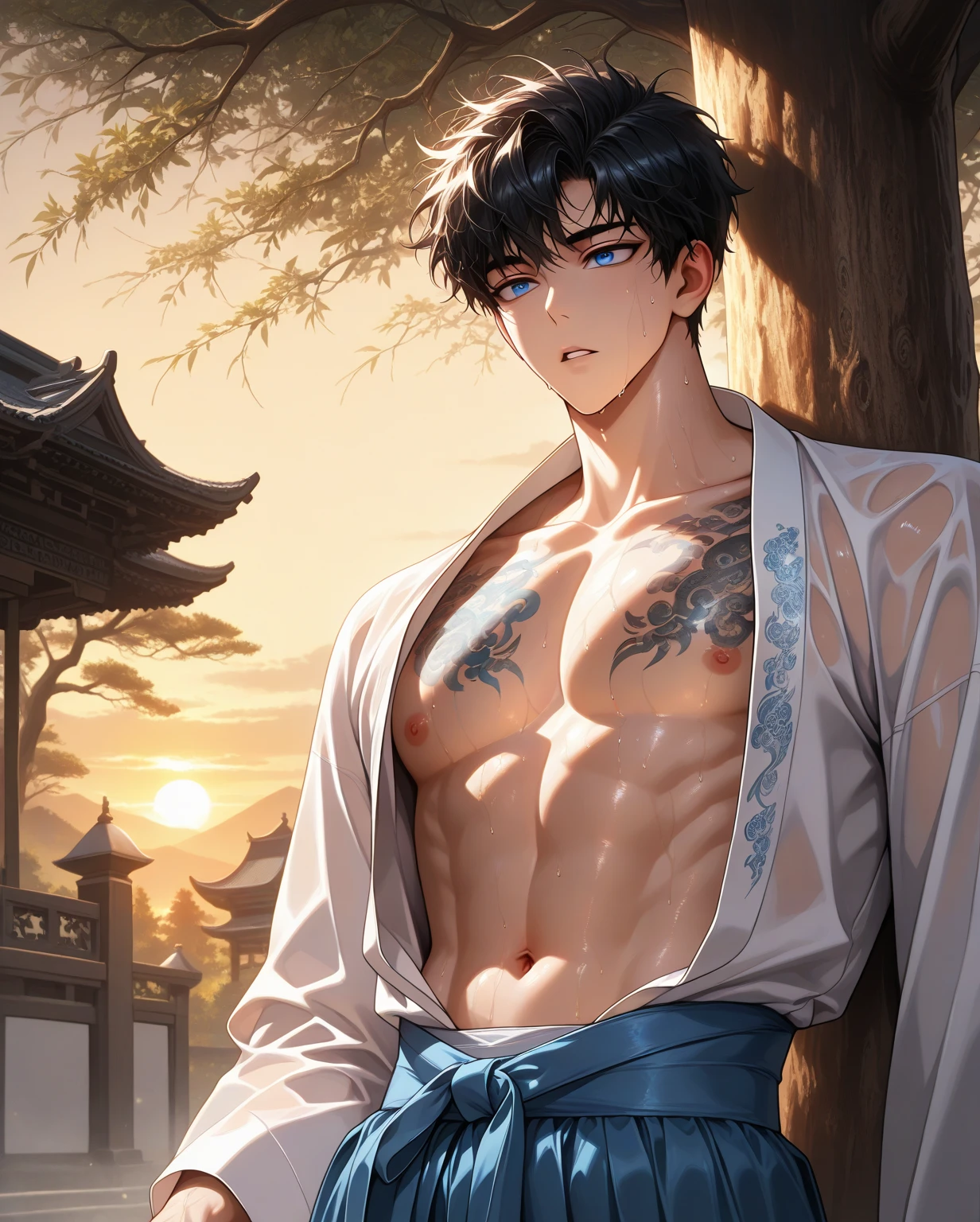 He has both a sweet face and a cool face、man、full of shyness、Muscular Boys、Koi、Lumpy、abdominals、pectoral muscles、Cool atmosphere、cyan colors、purpleish color、white colors