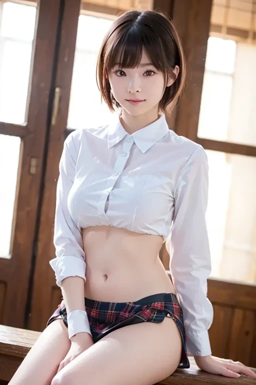 ((High school girl walking in the lakeside park))、(white blazer)、(white blouse、red bow tie、dark blue checked skirt). 40k, photograph, table top, highest quality, ((beautiful eyes、One girl with light brown short hair, . white skin, Various poses.((Medium chest,:1.1)), highest quality, table top, ultra high resolution, (realistic:1.4), (perfect body shape), (slim:1.3), Slim abdomen, Perfect slim figure, dynamic pose, alone, Cold light 12000K, very detailed facial and skin texture, fine eyes, realistic eyes, Beautiful and fine eyes, (realistic skin), charm, ultra high resolution, very detailed,(smile)、