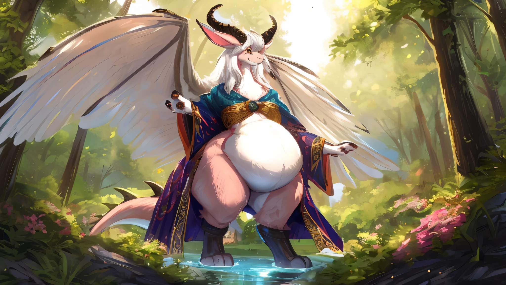 ultra-detailed, masterpiece, masterwork, high quality, best quality, hdr, (nature), nsfw, male, solo, dragon, ((nude)), (little white body minotaur), (white chubby body), (long golden hair, yellow eyes, cool eyes), sitting, from below, dynamic angle, (Vertical slit at crotch), earrings