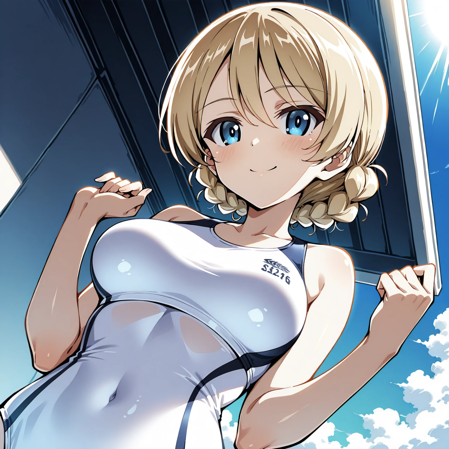 Waifu girl looking at camer, small smile , short hair, slim yet big breasts , grabbing own boobs ,top naked, very short white skirt